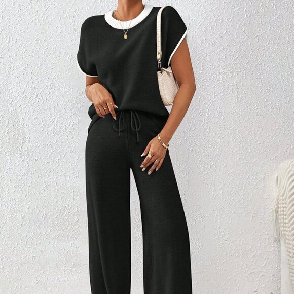Black Preppy Women's Loose Knit Casual Contrast Trim Drawstring Sweater & Pants - Picture 1 of 7